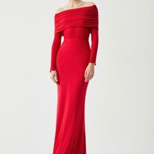 Semi-Sheer Off-Shoulder Mesh Long Sleeve Long Dress (Large, Size 8-10)